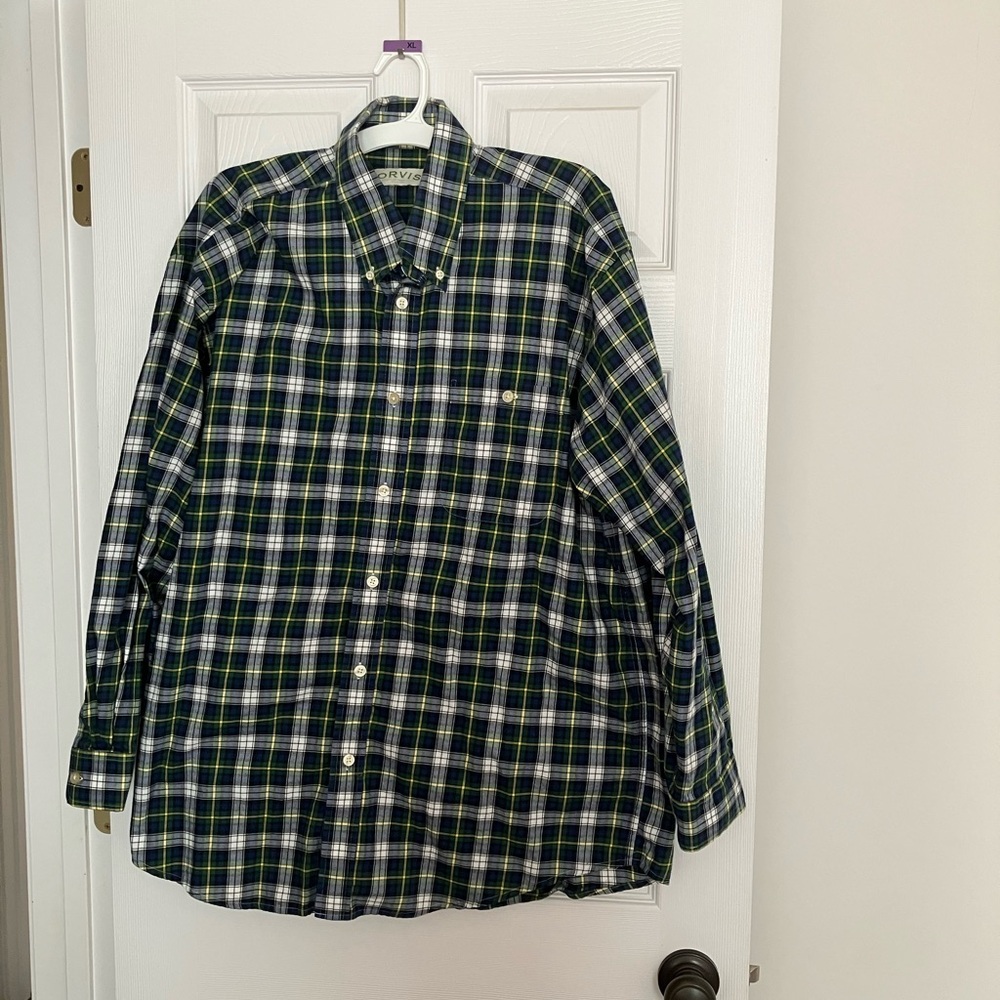 Orvis Tartan Plaid Flannel Shirt Mens XL Navy Single Pocket